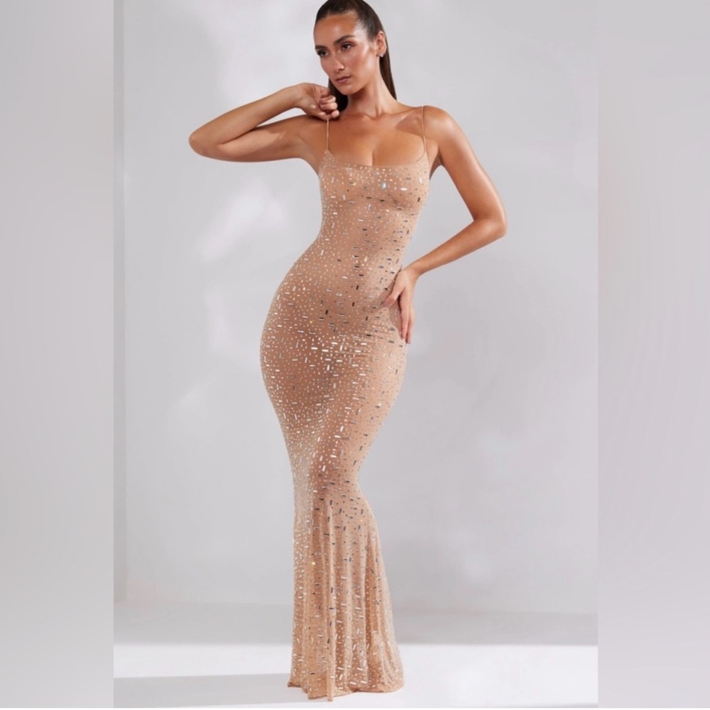 Elegant Tan Sequin Evening Gown